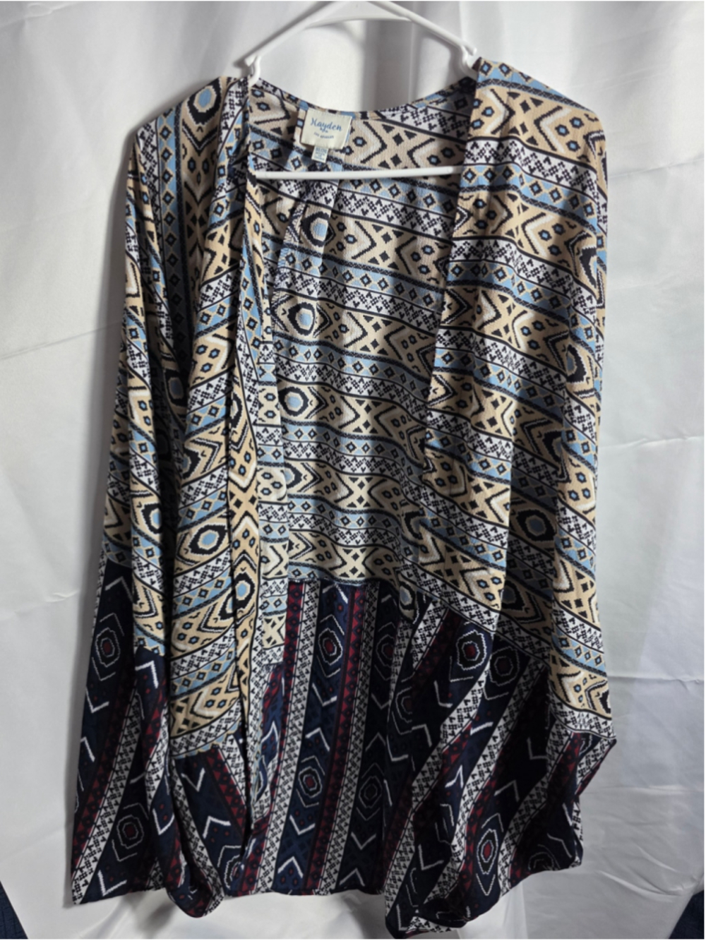 Women's Hayden Printed Kimono Blouse 1X Beige Blue Geometric Tribal Aztec plus